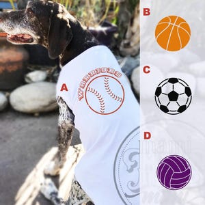 Personalized Sports Ball Dog Name T Shirt | Personalized Sports Dog Clothing w/ Dog Name or Team Name | Custom name shirt for dogs and cats.