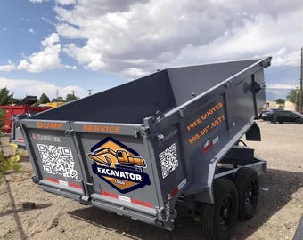May include: A grey dump trailer with black tyres, displaying the text "DUMP SERVICE" in orange. The trailer has a logo with an excavator and the word "EXCAVATOR" below it. The text "FREE QUOTES" and a phone number are also visible.