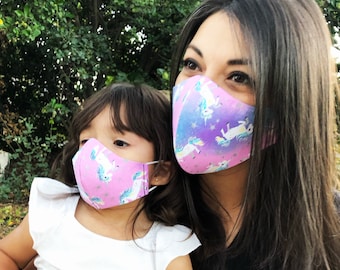 Einhorn Kinder Gesichtsmaske für Mädchen in Kinder- und Erwachsenengrößen aus 100% waschbarer Baumwolle mit verstellbaren Ohrriemen, Mama und mir Maske