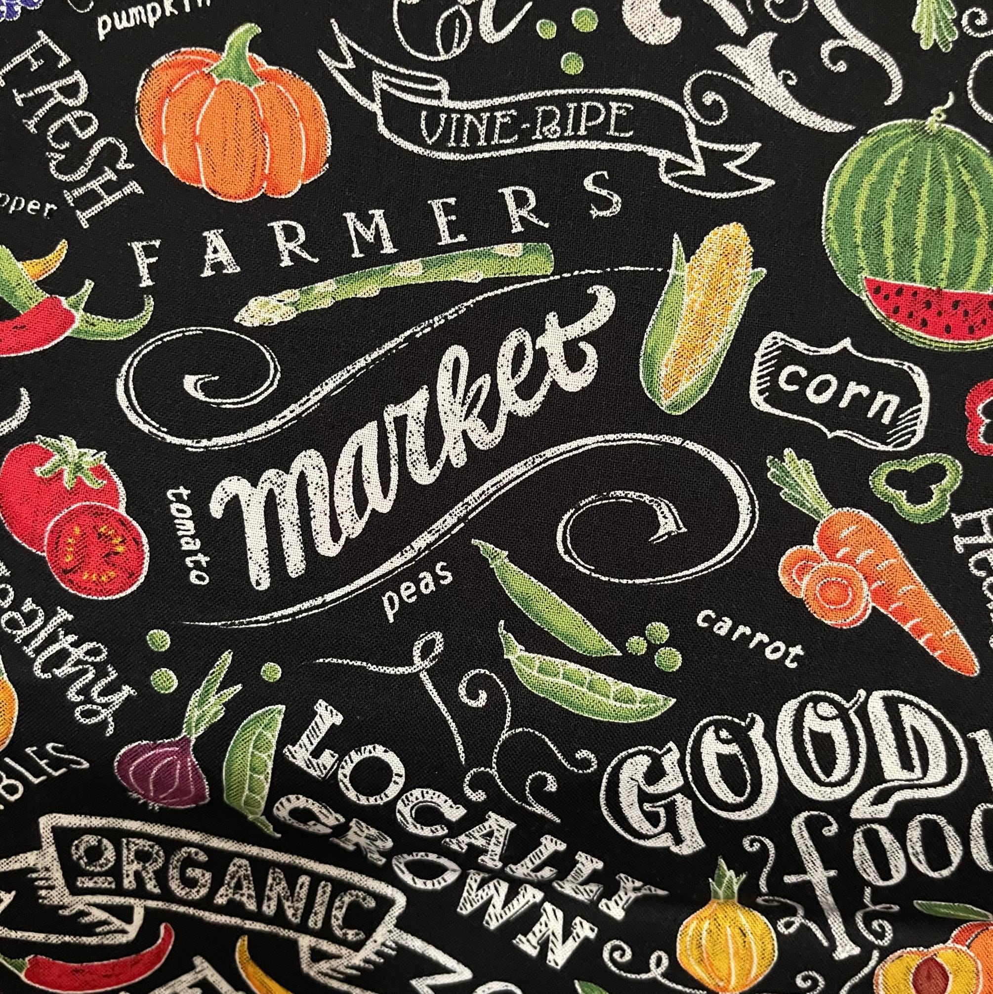 Farmers Market Print Fabric by the Yard | Vegetables Print fabric  | 100% Cotton woven Black Farmers Market Print Fabric By the Yard