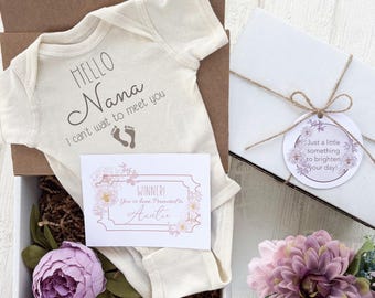 Hello Nana GIFT BOX Baby Birth Announcement Onesie® Bodysuit | Personalized Name Pregnancy Reveal gift for a Sister new Auntie Aunt Tia