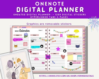 OneNote  Digital Planner, Undated, 1200+ Stickers, Clickable Hyperlinked Tabs, Use on  iPad or PC, Android Compatible