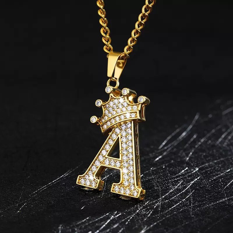 Initial Charm Necklace Letter Necklace Crown Initial Etsy