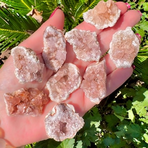Pode incluir: Uma coleção de aglomerados de cristais brutos cor de pêssego, cada um com uma forma e textura únicas. Os cristais são segurados em uma mão, com folhagem verde ao fundo. Os cristais têm uma aparência áspera e natural.