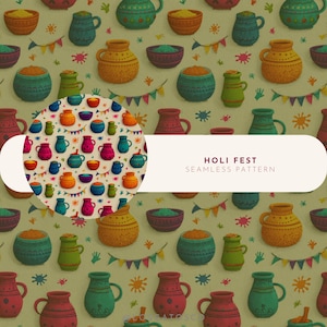 May include: A seamless pattern featuring colorful, stylized pottery and bowls in shades of red, orange, green, and blue. The design includes small flags and the text "HOLI FEST SEAMLESS PATTERN".