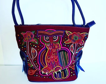 Handmade Leather Shoulder Bag with Native Mola Design