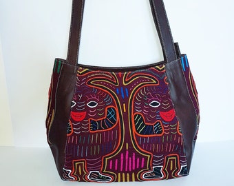 Handmade Leather Shoulder Bag with Native Mola Design