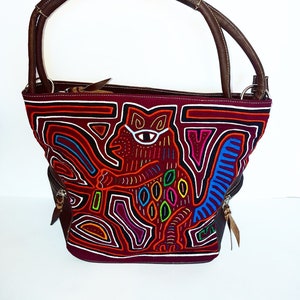 Handmade Leather Shoulder Bag with Native Mola Design