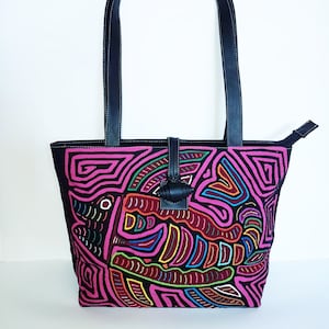 Handmade Leather Shoulder Bag with Native Mola Design