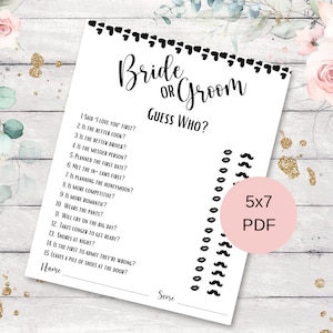 Wedding Shower Games, Bridal Shower Games, Instant Download, Bride or Groom Guess Who Shower Game, Printable