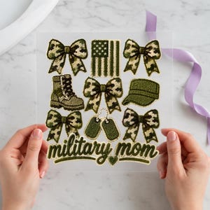 Military Mom Camo Bow DTF Transfer Ready to Press, Coquette Faux Chenille Patch Look Heat Transfer, Mother's Day Gift Shirt Design