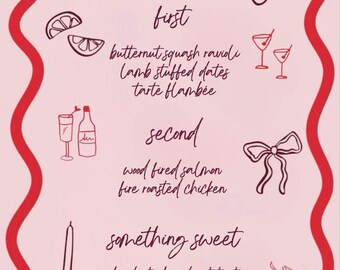 Customizable Pink Bachelorette Dinner Menu - Downloadable PDF
