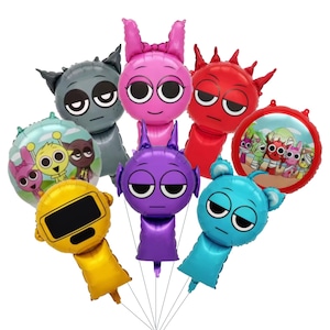 May include: A collection of colorful foil balloons in various shapes and designs. The balloons feature cartoon characters in shades of gray, pink, red, purple, yellow, and blue. Some balloons are round, while others are shaped like creatures.