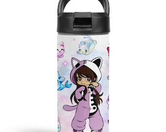Personalized Gamer Girl Cat Plush Water Bottle | 15oz Tumbler, Straw Lid