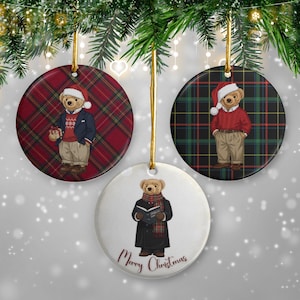 Set of 3 Plaid Ceramic Christmas Ornament Keepsake  | Vintage Teddy Bear