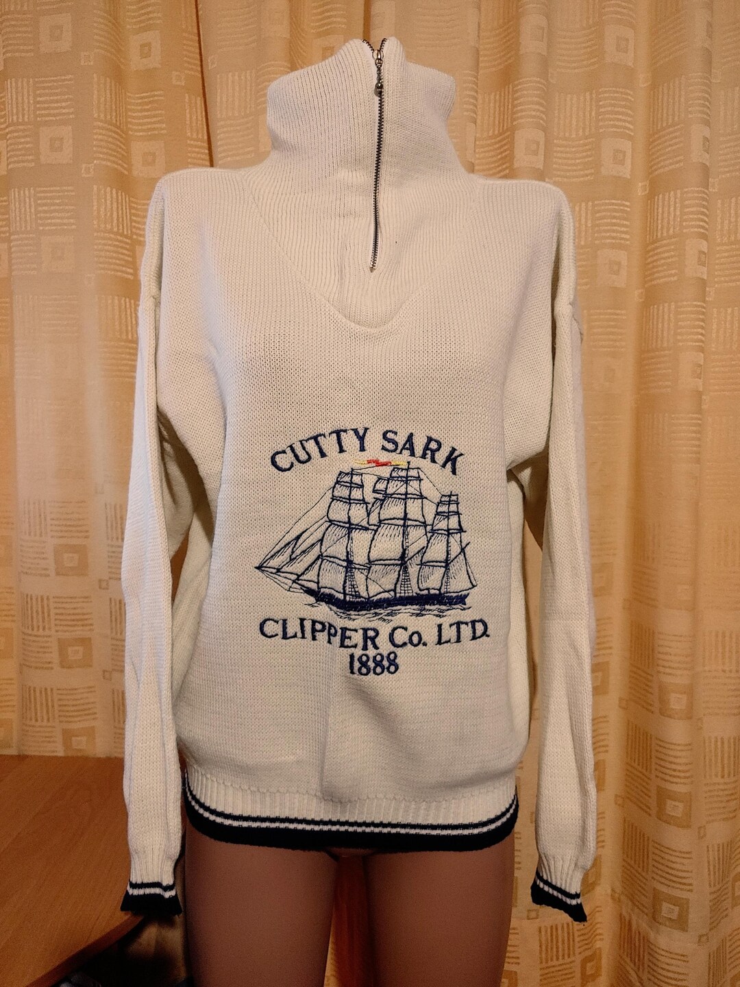 Vintage Sweater High Neck With Zip Pullover Jumper Embroidered Sailboat ...