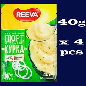 May include: A yellow and green packet of instant mashed potato mix with a picture of mashed potatoes and the text "KARTOPLIANE PYURE zi SMAKOM "KURKA" PYURE ZA 3 HVILINI 40g/240g gotovoho pyure".