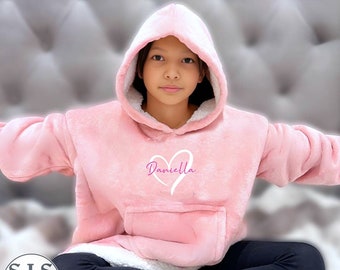 Nom Sweat à capuche Snuggle personnalisé, couverture à capuche, sweat à capuche ultra doux et chaud, couverture à capuche surdimensionnée pour filles, doublure Sherpa, cadeau pour fille