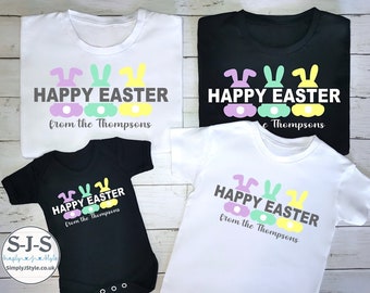 Personalised Matching Family Happy Easter T Shirts, Last Name Personalised Easter Shirts, Bunny Outfit for Family, Easter T-shirts, Rabbit