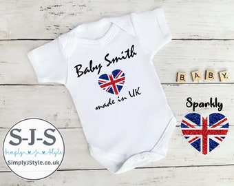 PERSONALISED Made in UK baby vest, bodysuit, jumpsuit, sleepsuit, playsuit. Sparkly England flag- heart. Newborn due romper, vest, babygrow