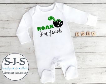 Personalised Dinosaur onesie. Babygrow, playsuit, bodysuit, romper, sleepsuit. Introducing to the world. baby shower, christening gift. UK