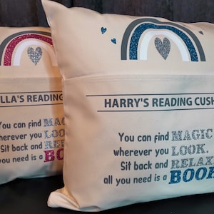Pocket reading cushion, personalised children's pillow, rainbow cushion, sparkly boys, girls cushion, custom cushion cover, pink, blue