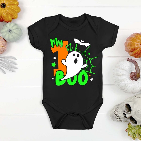 My 1st Boo Baby Outfit, Black Halloween Baby Vest or Romper, 1st Halloween Baby Costume, Ghost, Bat, Spider Web