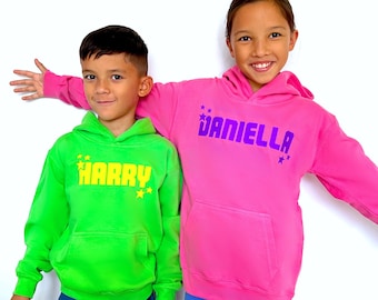 Personalised kids hoodie. Kids loungewear. Vibrant / neon colour hoodies. Jumper personalised with name. Boys hoodie. Girls hoodie. Unisex