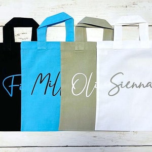 Personalised Birthday Party bags. Boys, girls personalised goodie bags. Customised party bags. Mini Tote bags. Colours to mach any theme