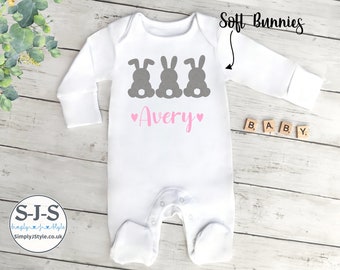 Personalised Baby Bunny Romper, Cute Soft Bunnies outfit for Baby, Easter Playsuit, Easter Sleepsuit, 1st Easter Bunny Outfit, Easter Baby