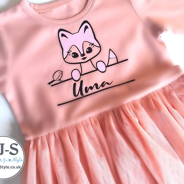 Personalised Pink Girl's Tutu Dress, Long Sleeve Dress, 6 months to 6 years, Gift Idea for Girl, Fox Dress, Sparkly Pink, Tulle Dress, UK