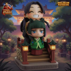Könnte beinhalten: Detaillierte Figur von zwei Anime-Charakteren auf einer Brücke. Ein Charakter lächelt, der andere hat einen ernsten Ausdruck. Die Szene spielt in einem japanischen Garten mit einer Pagode im Hintergrund. Der Text "AVAILABLE ON PATREON" ist sichtbar.