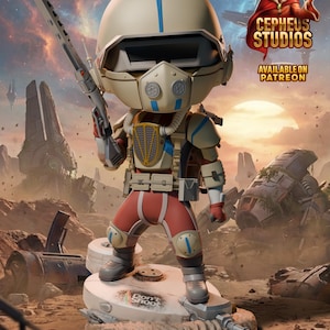 Könnte beinhalten: Stilisierte Figur eines Soldaten in futuristischem Helm und Rüstung, der ein Gewehr hält. Die Figur ist überwiegend beige, rot und blau und steht auf einer Plattform mit dem Text "Don't Shoot". Der Hintergrund zeigt eine trostlose, außerirdische Landschaft.
