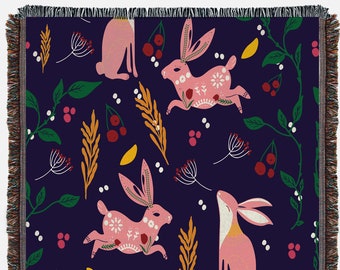 Scandinavian Folk Rabbit Throw Blanket: Rabbits Woven Throw Blanket, Rabbits Woven Tapestry, Couch Blanket, Bed Blanket, Farmhouse