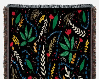 Dark Floral Woven Throw Blanket: 100% Cotton Boho Tapestry