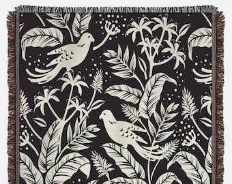 Couverture oiseaux sur feuilles : jetée tissée, tapisserie de feuilles, tapisserie tissée d'oiseaux, couverture de canapé, couverture de lit, décoration murale