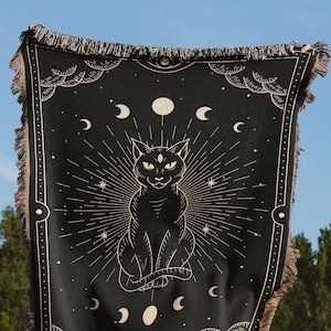 Mystical Cat Blanket: Cat Lovers Gift, Boho Blanket, Celestial Blanket, Boho Gifts, Goth Aesthetics, Goth Blanket, Halloween Blanket, Black