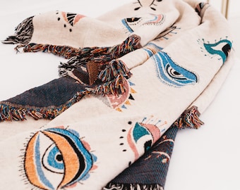Eyes Throw Blanket, Mystical Boho Decor, Woven Cotton Blanket