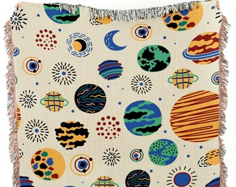 Planets Throw Blanket: Woven Cotton Solar System Decor