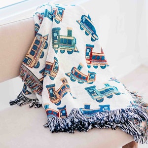 Trains Blanket: Boy Blanket, Woven Throw Blanket, Kids Blanket, Bed Blanket, Trains Decor, Loves trains, gift for boys