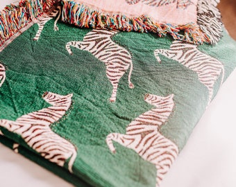 Green Zebra Blanket: Woven Cotton Throw, Wall Tapestry