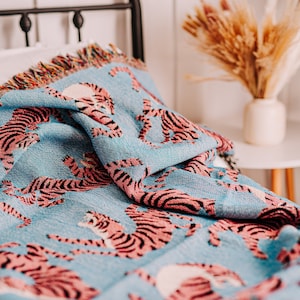 Pink Tiger Throw Blanket: Animal Blanket, Cat, Woven Throw Blanket, Wall Tapestry, Woven Tapestry, Couch Blanket, Bed Blanket, Wall Decor