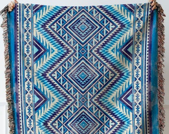 Woven Cotton Throw Blanket: Boho Tapestry, USA Made