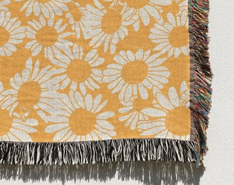 Daisy Flower Woven Throw Blanket: 100% Cotton Floral Couch Blanket