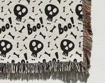 Skull & Boo Woven Throw Blanket: Goth Halloween Decor