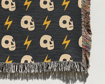 Skulls & Rays Woven Throw Blanket: Goth Sofa Decor