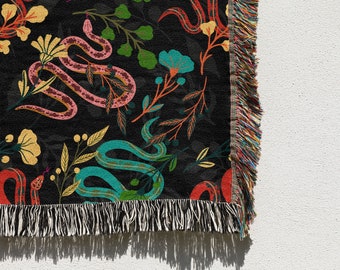 Jeté imprimé serpent fleuri : couverture animal, couverture serpents, jetée tissée, tapisserie murale, tapisserie tissée, couverture de canapé, couverture de lit