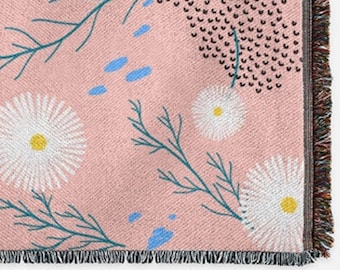 Floral Woven Cotton Throw Blanket: Pink Daisy Sofa Blanket