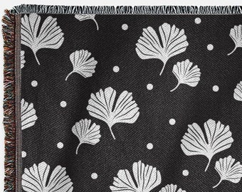 Leaves Throw Blanket: Woven Throw Blanket, Couch Blanket, Bed Blanket, black white decor, Wall Decor, House Warming Gift