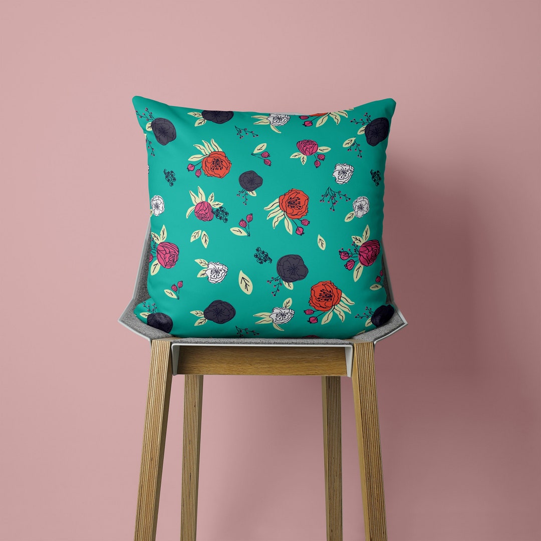 Floral Throw Pillow, Green Pillow, Flowers Throw Pillow, Red Flowers, Sofa Throw Pillow, Floral